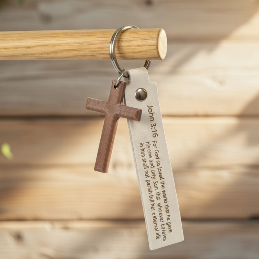 John 3:16 Keychain! 3D Cross With Engraved Leather Strap